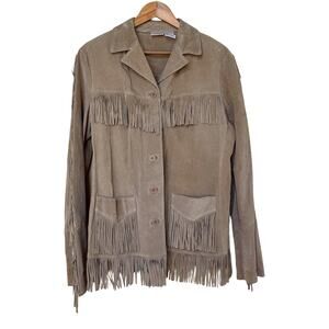 Vintage 90s Newport News Suede Fringe Jacket Wmns L Tan Western Country Festival